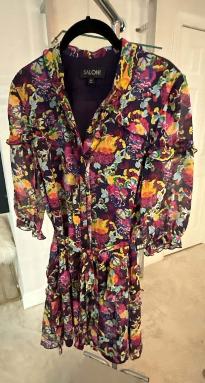 Saloni Floral Printed Silk Ruffle Mini Dress with Waist Tie US 2